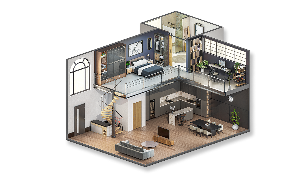 Coupe isométrique d'un logement avec aménagement intérieur